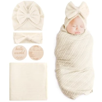Image of DRESHOW Newborn Baby Blanket Soft Swaddle Blankets for Infant Swaddling Receiving Warm Wraps with Bow Hat Headband