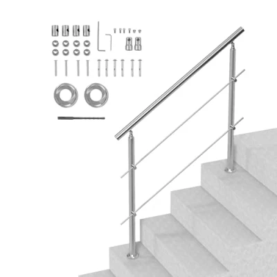 Image of VEVOR SSH 1S 120 2 Outdoor Steps 47.2in Length Crossbars Stair Hand, Transitional Stainless Steel Railings w/Installation Kit, Double Column Staircase Handrails for Seniors,Porch &amp; Deck, Silver