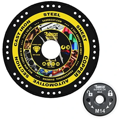 Image of SabreCut VB115MEGRA 115mm (4.5&quot;) x 22.23mm Bore Vacuum Brazed Metal Cutting Angle Grinder Diamond Disc Blade &amp; 46mm M14 Quick Change Heavy Duty Locking Retaining Flange Nut Kit