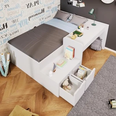 Image of BTM Kids Single Bed with Desk and Drawers, Wooden Storage, Slatted Frame, Lying Surface for Teenagers &amp; Adults, 3ft 90x190cm (No Mattress)