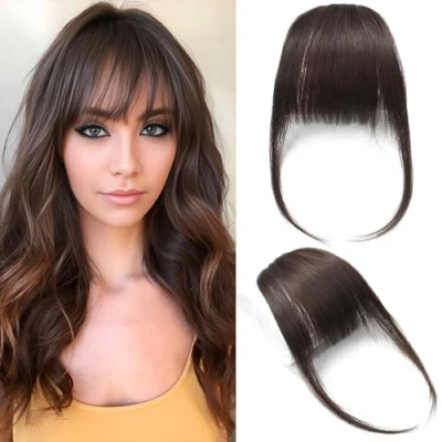 Image of Fringe Hair Clip in Bangs Real Human Extensions Flat with Temples, Dark Brown Color