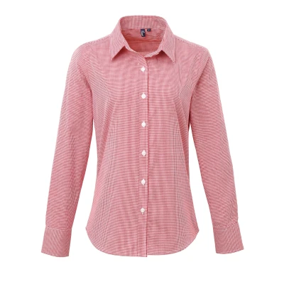 Image of Premier Womens/Ladies Microcheck Long Sleeve Shirt (Red/White) Cotton Size X Small