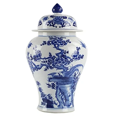 Image of fanquare Jingdezhen Classic Blue and White Ginger Jar Vase, Plum Blossom Ceramic Flower Height 35cm