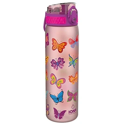Image of Ion8 Water Bottle, 500 ml/18 oz, Leak Proof, Easy to Open, Secure Lock, Dishwasher Safe, BPA Free, Hygienic Flip Cover, Carry Handle, Clean, Odour Carbon Neutral, Butterfiles Design
