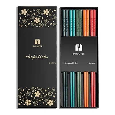 Image of SUPJOYES 5 Pairs Fiberglass Chopsticks Multicolour Reusable Dishwasher Safe, Japanese Chinese Chop Sticks with Cherry Blossom Pattern, 9 1/2 Inches