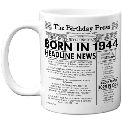 Image of Stuff4 80th Birthday Mug Gift for Men Women Born in 1944 Newspaper Happy 80 Gifts Grandad Grandma Nan Vintage Retro Back Age Eighty Bday, 11oz Ceramic Coffee Mugs