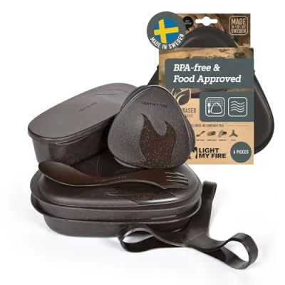 Image of Light My Fire 6 Piece Camping Mess Kit for 1 Lunch with 3 in Reusable Spork Utensils, Kits Scouts BPA Free Dishwasher Safe Lunchbox Hiking Backpacking Picnic, Cocoa