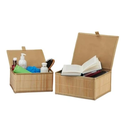 Image of Storage Box, Set of 2, 2 Sizes, with Lid, Bathroom, Shelf Tidy, Bamboo &amp; Fabric, Multipurpose Organiser, Brown Relaxdays