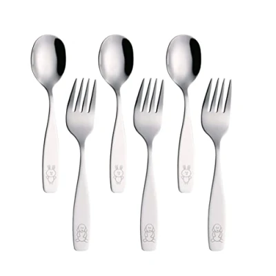 Image of Exzact Children Cutlery 6pcs/ Toddler Kids Fork and Spoon Stainless Steel 3 x Forks, Dinner Spoons Dog &amp; Bunny Engraved (New)