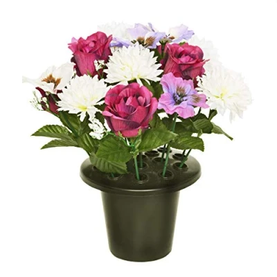 Image of Everyday Floral ARTIFICIAL PURPLE PANSY CHRYSANTHEMUM &amp; ROSE GRAVE POT WITH 16 FLOWERS VASE INSERT MEMORIAL