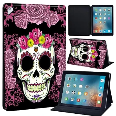 Image of Initial Letter Leather slim lightweight Stand Cover Case for Apple New iPad 9.7 2018 2017(6th Gen, 5th Gen)/iPad Air 2/iPad Air/iPad Pro Tablet with Auto Wake/Sleep (purple skull)