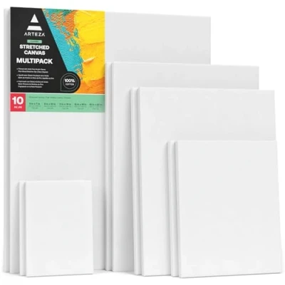 Image of ARTEZA Stretched White Blank Canvas Multi Pack, 5x7, 8x10, 11x14, 12x16, 16x20 (2 of Each) Set 10, Primed, 100% Cotton, Art Supplies for Acrylic, Oil, Other Wet or Dry Media