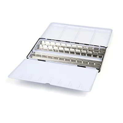 Image of Honsell Watercolour Metal Empty Box for 48 Half or 24 Whole Bowls with Mixing Palette and Thumb Ring, Multi Colour