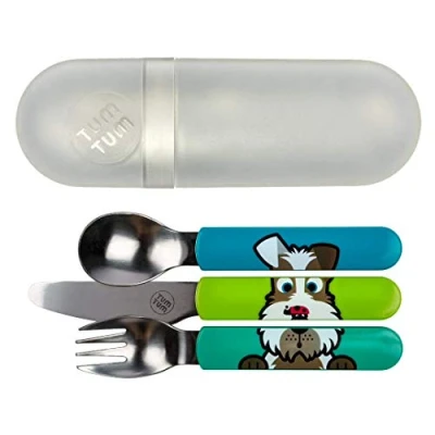 Image of TUM Toddler Cutlery Set with Travel Case, 3 Pcs Kids Stainless Steel Includes 1 x Fork/Spoon/Knife, Sets, BPA Free (Scruff The Dog)