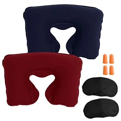 Image of Lillyvale INFLATABLE TRAVEL NECK PILLOW Soft FLIGHT REST/SUPPORT CUSHION HEAD &amp; (Red + Navy)