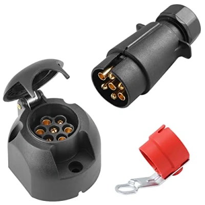 Image of SPARKMOTO 7 Pin Trailer plug and 7Pin socket,12V Towing socket With Red Holder,Trailer Wiring Tow bar for Semitrailers Caravan RV Cars (Screw Cap)