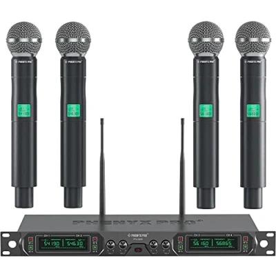 Image of Phenyx Pro Wireless Microphone System, 4 Channel UHF Mic, Fixed Frequency Metal Cordless Mic with Handheld Dynamic Microphones, 260ft Range, for Singing,Church(PTU 5000 4H)