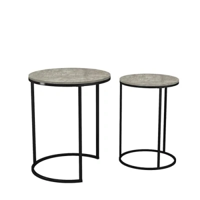 Image of URBNLIVING 2 Pcs Round Nesting Stacking Sofa Side Bedside End Tables Set Concrete Wooden Top with Black Metal Leg Modern Space Saving Accent Coffee Tea for Living Room Bedroom Office