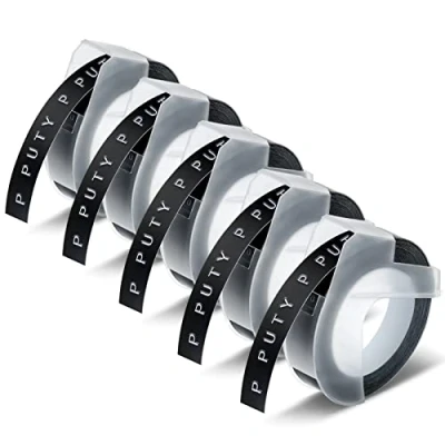 Image of 5 x 523809 9 mm Tape Compatible for Dymo Omega 3D 3/8 Inch Black Label Replacement Embossing Junior White on