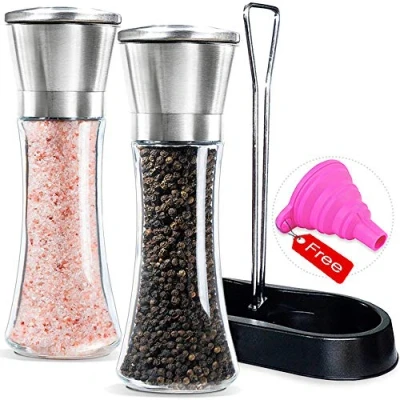 Image of Amison Salt and Pepper mills with Matching Stand Stainless Steel Grinder Mill Set 5 Grade Precision Adjustable Ceramic Rotor Funnel (2 Pack Mills)