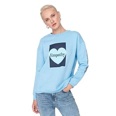 Image of Trendyol Women&#039;s Crew Neck Heart Oversize Sweatshirt, Blue, S UK