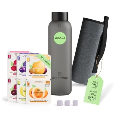 Image of waterdrop® Starter Set 600ml Borosilicate Glass Bottle BPA Free Premium Lid Microdrink Hydration Cubes Water Flavouring with Vitamins Sugar 18 Variety Drops