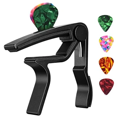 Image of Guitar Capo, Black Pick Holder on Capo for Acoustic Electric Guitar,Ukulele,Mandolin,Banjo (Black)