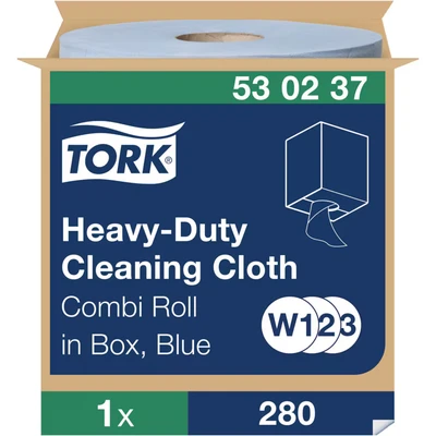 Image of Tork 530237 Heavy Duty Cleaning Cloth / 1 Ply Multipurpose Disposable Cotton Towel Suitable for W1, W2 and W3 Wipers Systems Blue x 106.4m Ø 25cm