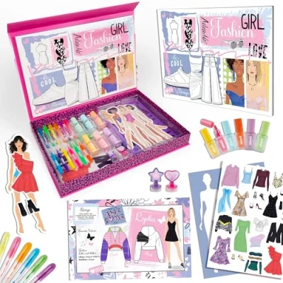 Image of abeec Fashion Designer Kits for Girls, Creative Art Set Kids Drawing Includes Sketchbook, Stencil Sheet, Felt Tips, Highlighters, Gel Pens, Stamps &amp; Activity Book