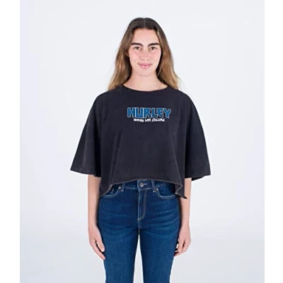 Image of Hurley Women&#039;s Womens Oceancare Tour Cropped Short Sleeeve T Shirt, Black, S UK