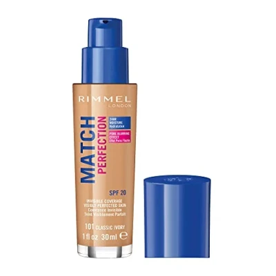 Image of Rimmel Match Perfection Foundation 101 Classic Ivory, Medium Coverage, 24hr Hydration, No Caking or Creasing, Lightweight, Reduces Imperfections, Invisible SPF20, Cruelty Free