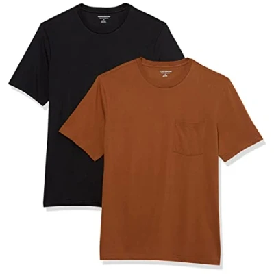 Image of Amazon Essentials Men&#039;s T Shirt Regular Fit Short Sleeve Crewneck Pocket, Pack of 2, Black/Brown, XS
