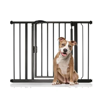 Image of Bettacare Auto Close Pet Gate, 96.6cm 103.6cm, Matt Black, Pressure Fit Stair Gate for Dog &amp; Puppy, Safety Barrier Doors Hallways and Spaces, Easy Installation