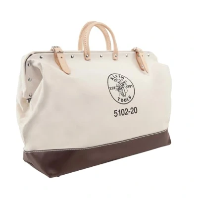 Image of Klein Tools 5102 20 Heavy Duty Natural Canvas Tool Bag, Tote, Multi Purpose Bag with Wide Hinged Opening and Leather Handles, Inch