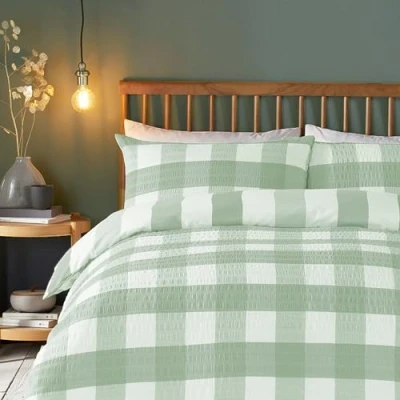 Image of Fusion Green Check Seersucker Duvet Cover King Bedding Size (230 x 220cm) Reversible Design (Stripes) Soft Touch Puckered Effect Sage &amp; White Flannelette/Gingham