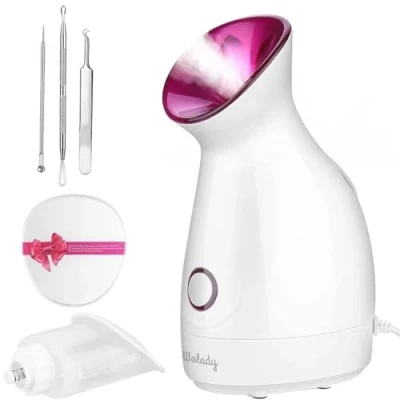 Image of Facial Steamer, Wolady Nano Ionic Face Steamer for Pores with UV Light Hot Mist Moisturizing Sprayer Home Sauna SPA Bonus Blackhead Extractor Kit (Pink)