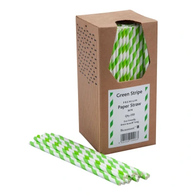 Image of 8 Inch 6mm Bore Paper Straw Green &amp; White Striped Pk 250