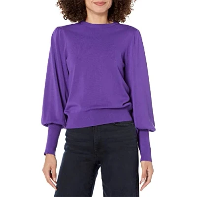 Image of The Drop Women&#039;s Vivienne Padded Shoulder Balloon Sleeve Crew Neck Sweater, Dark Purple, XXS