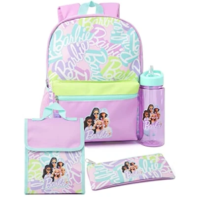 Image of Barbie Girls Backpack Set Kids 4 Piece Purple Rucksack Bundle with School Bag, Pencil Case, Lunch Bag &amp; Water Bottle Dolls Classic Logo Graphic Complete Matching Back to Gifts