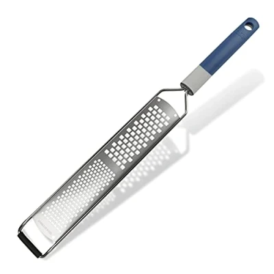 Image of Tasty Hand Grater with Fine &amp; Coarse Surface, Cheese Lemon Zester Non Slip Base Stainless Steel Grating Surfaces, Dimensions: 38.5x5x2cm, Colours: Dark Blue Grey