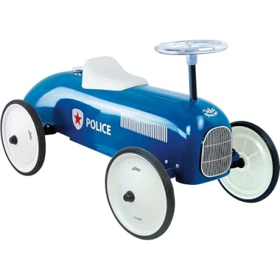 Image of Vilac Vintage Ride On Car, Durable Metal Body, Stable Quiet Large Rubber Wheels, Develops Psychomotor, Balance, Coordination, 4.5 kgs Wt., For 1.5 to 3 Years Kids under 20 kgs, Police, 76 x 40 38 cm