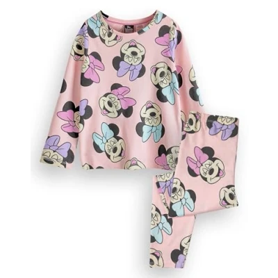 Image of Disney Minnie Mouse Girls Pyjama Set Kids Long Sleeve Leg Graphic PJs in Pink All Over Print Lounge wear Apparel Childrens Classic Cartoon Art Sleepwear Merchandise Gift