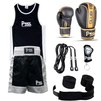 Image of Prime Sports Shop Ultimate Kids Boxing Uniform Set of 5 Pcs Student age 3 14 Years Gloves 4 OZ Free Wraps Color White and Black 1006 (1006 CF 4OZ, 11 12 Years)