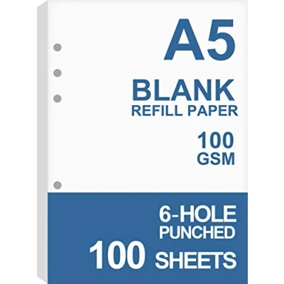 Image of A5 Blank Refills Paper for Filofax Planner/Binders, 100 Sheets/200 Pages, 100gsm White Paper, 6 Hole Loose Leaf 14.8x21cm