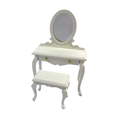 Image of Melody Jane Dolls House White Vanity Dressing Table &amp; Stool Miniature Bedroom Furniture