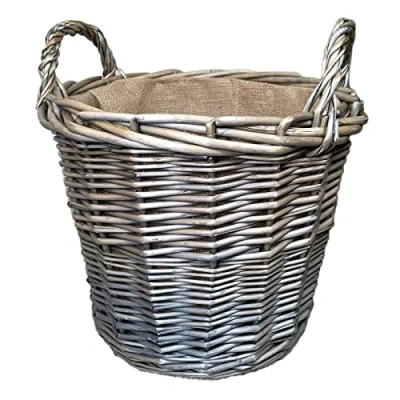 Image of Wicker Lined Log Basket Classic Round Fireplace Storage Grey Woven Wood Handles 32cm