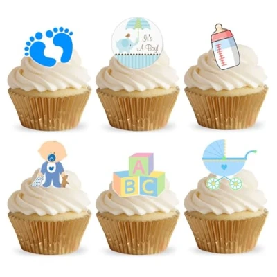 Image of 24 Stand Up Gorgeous Baby Boy Shower Edible Wafer Paper Cake Toppers Decorations