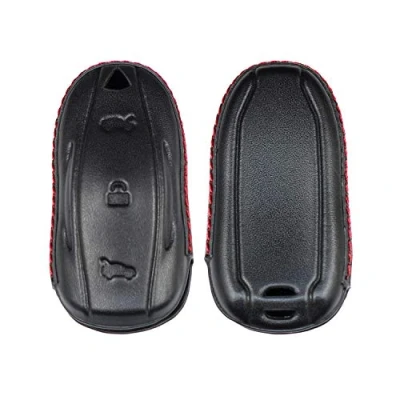Image of M.JVisun Men Women Genuine Leather Key Fob Cover for Tesla Model S &amp; X, Car Remote Case with Keychain Black One size