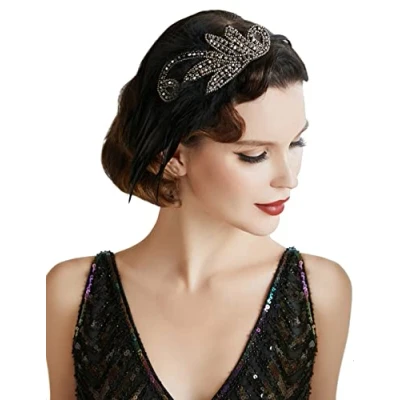 Image of BABEYOND Vintage 1920s Headband Headpiece Feather Beaded Crystal Flapper Great Gatsby Costume Accessories Roaring 20&#039;s Accessories(Silver)