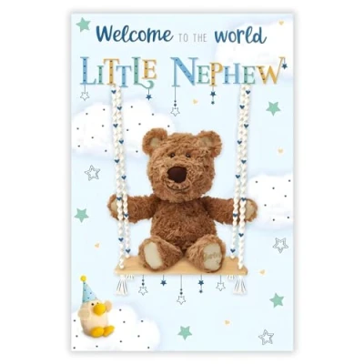 Image of New Baby Nephew Congratulations Card Barley Bear Teddy and Stars Design Special Finishes Illustrated Insert Leaf Made in the UK Eco Friendly